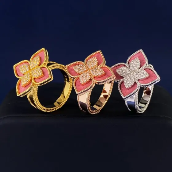 Roberto Coin Princess Flower ring Yellow gold rose gold white gold with pink rhodonite and pave diamonds 6 5