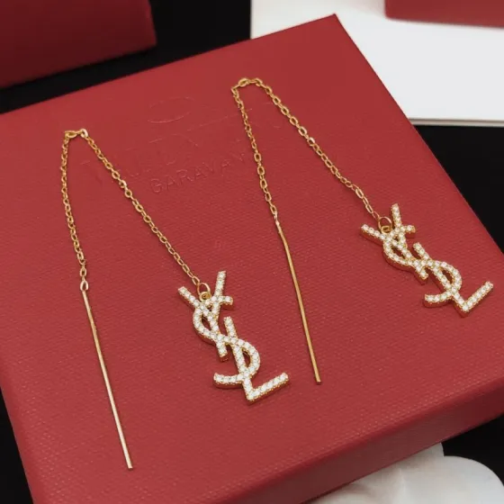 Saint Laurent YED0071 Cassandre Monogram Threader Earrings earrings gold-tone metal with clear pave crystals 6cm chain length