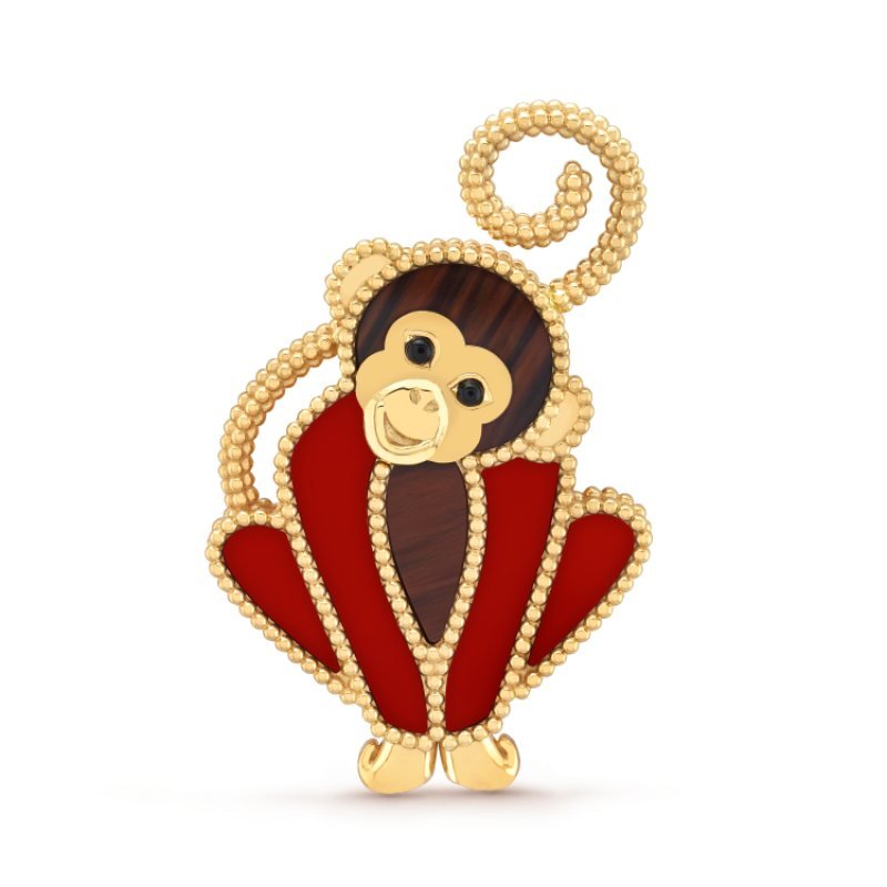 Van Cleef Arpels Lucky Animals Monkey brooch Yellow gold red carnelian brown wood black onyx 30mm x 20mm