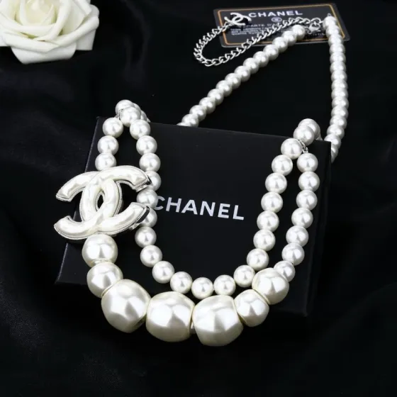 Chanel Goose CC Pearl Waist Chain necklace silver-tone metal white faux pearl 80cm adjustable