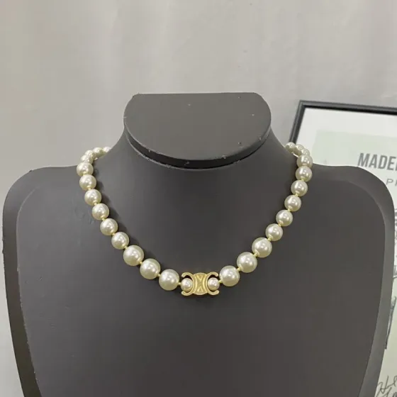 Celine Triomphe Pearl Choker necklace gold-tone metal cream white faux pearl 40cm with 5cm extender chain
