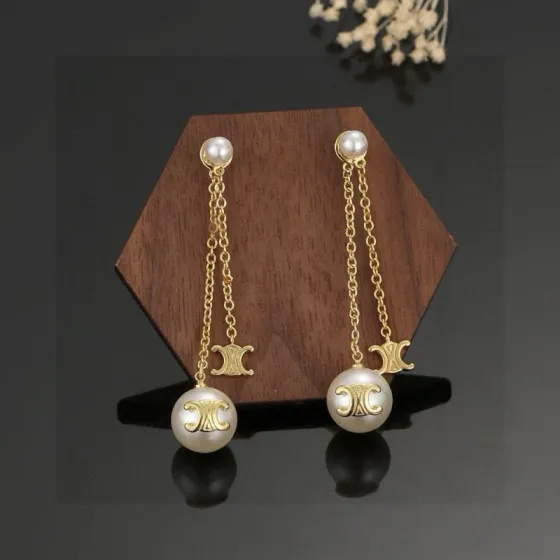 Celine Triomphe Pearl Chain Drop Earrings earrings gold-tone metal with white pearls 4 5cm drop length