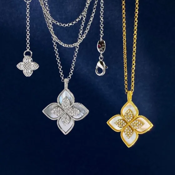 Roberto Coin Princess Flower necklace Yellow gold with white diamond accents available in mother-of-pearl and malachite stone variants 18 inches