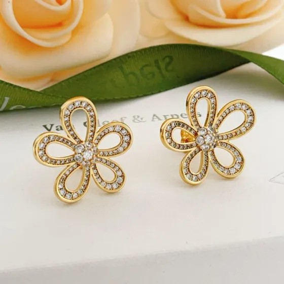 Van Cleef Arpels Flowerlace earrings yellow gold with clear diamond accents 15mm diameter