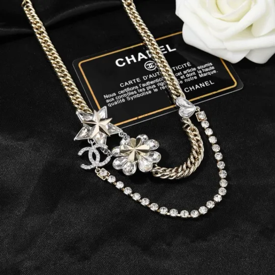 Chanel CC Charm Star Clover Heart Crystal Choker necklace Two-tone gold and silver metal with clear crystal accents 40cm with 5cm extender