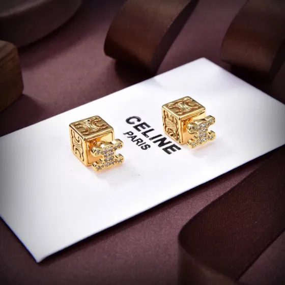 Celine PRECIOUS Triomphe Cube Stud Earrings earrings 18k gold-tone metal with clear pave crystals silver-tone metal with clear pave crystals 10mm