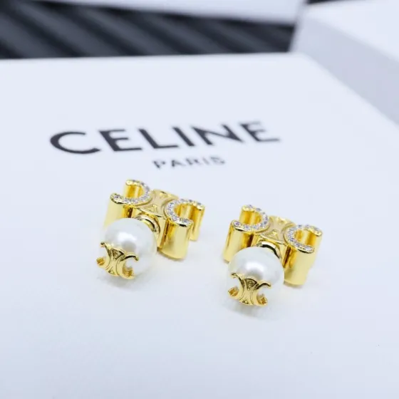 Celine Triomphe Pearl Crystal Stud Earrings earrings gold-tone metal white pearl clear crystal 1 5cm drop length