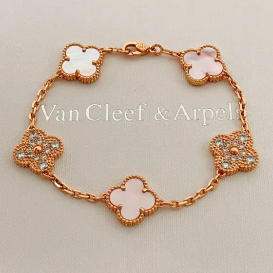 Van Cleef Arpels Alhambra bracelet Rose gold with pink mother-of-pearl white mother-of-pearl and diamond accents 17cm