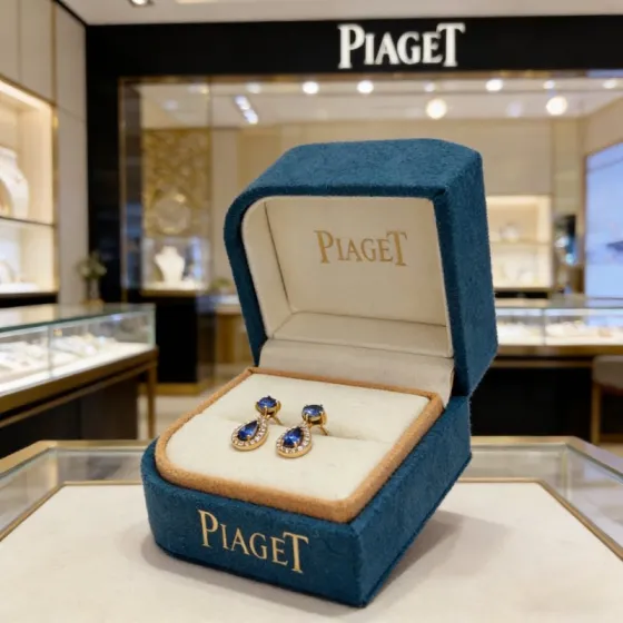 Piaget Rose Passion earrings 18k yellow gold blue sapphire white diamond 1 5cm drop length