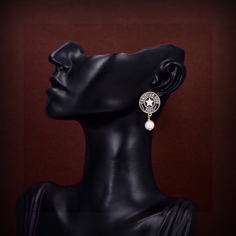 Dior Christian Dior Paris Star Pearl Drop earrings gold-tone metal black enamel cream white faux pearl 3 2cm drop length