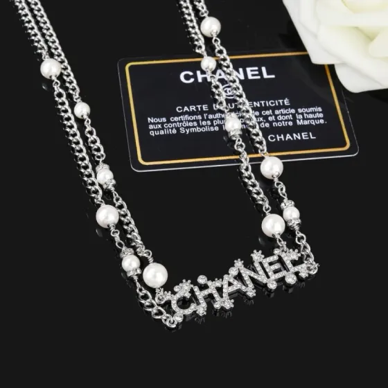 Chanel Crystal Letter Logo Pearl Chain necklace Silver-toned metal white faux pearls clear crystal rhinestones 80cm with 10cm extender