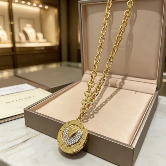 Bvlgari Bvlgari Bvlgari Heart Pendant necklace 18K yellow gold with clear pave diamonds 45cm