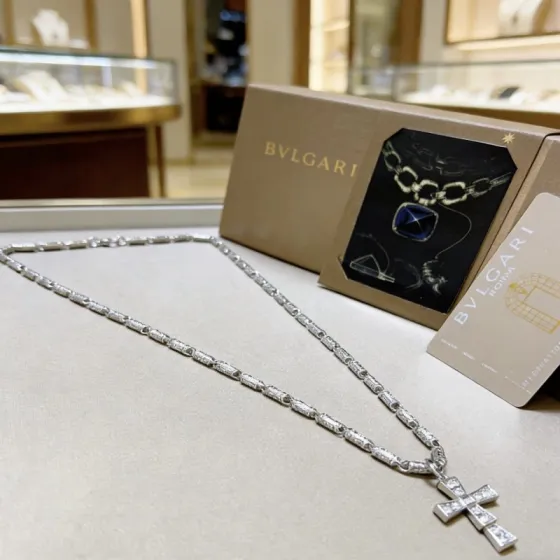 Bvlgari Serpenti Cross Pendant necklace 18K white gold with diamond accents 60cm