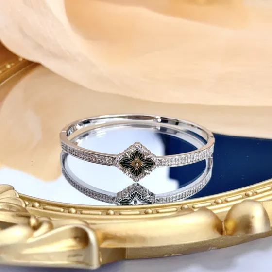 Piaget Rose bracelet silver-toned white gold with clear pave diamonds and dark green malachite floral inlay 17cm