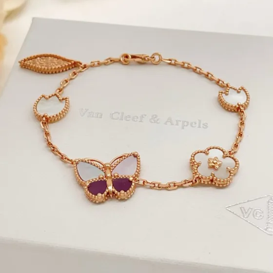 Van Cleef Arpels Lucky Alhambra bracelet Rose gold white mother-of-pearl purple rhodonite 18cm