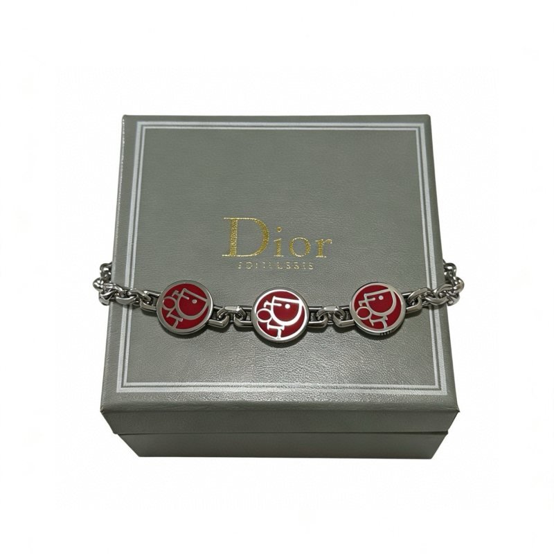 Dior D-Face Medallion Chain Bracelet bracelet silver-tone metal with red enamel accents 20cm