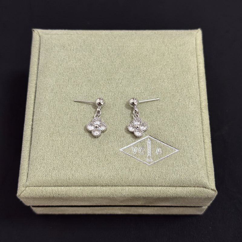 Van Cleef Arpels Alhambra earrings silver-toned white gold metal with clear diamond accents 10mm pendant drop