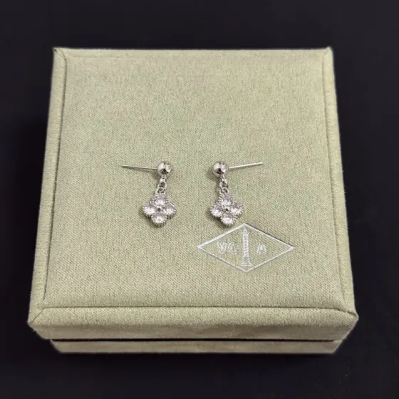 Van Cleef Arpels Alhambra earrings silver-toned white gold metal with clear diamond accents 10mm pendant drop