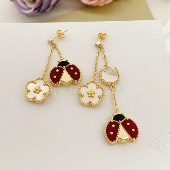 Van Cleef Arpels Lucky Spring earrings yellow gold white mother-of-pearl red carnelian black onyx clear diamond 4 5cm drop length