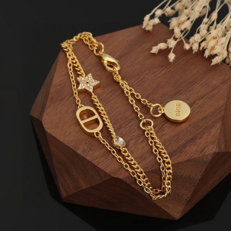 Dior Petit CD Star Double Chain necklace gold-tone metal with clear crystal accents 42cm with 5cm extender