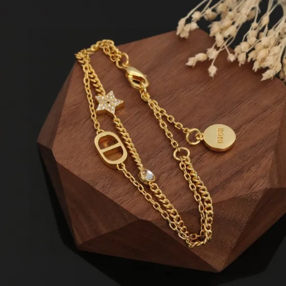 Dior Petit CD Star Double Chain necklace gold-tone metal with clear crystal accents 42cm with 5cm extender