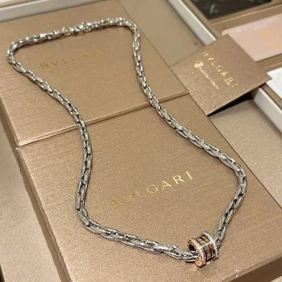 Bvlgari B zero1 necklace silver-toned white gold rose gold clear diamond accents 50cm