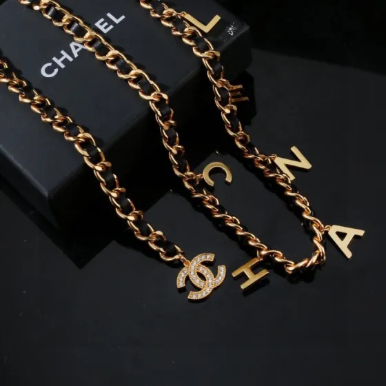 Chanel CC Logo Letter Charm Leather Woven Chain necklace Gold-tone metal black leather clear crystal 80cm