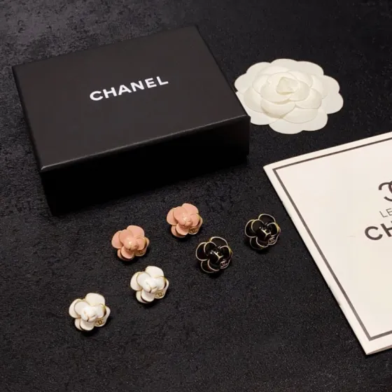 Chanel Camellia CC Stud Earrings earrings Gold-tone metal with pink white and black enamel camellia accents 1 5cm diameter