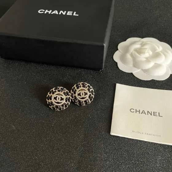 Chanel CC Logo Round Chain-Embellished Stud Earrings earrings Gold-tone metal with black resin accents and clear crystal detailing 1 8cm diameter