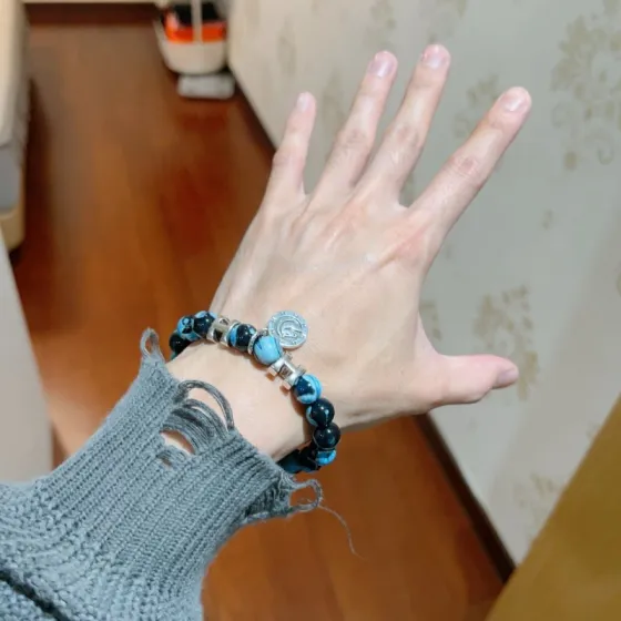 Hermes Anger Forest bracelet silver metal black and blue marbled beads 18cm