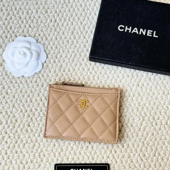 Chanel Classic Quilted Caviar Zip Card Holder card holder Beige caviar leather with gold-tone metal hardware 11cm x 8cm