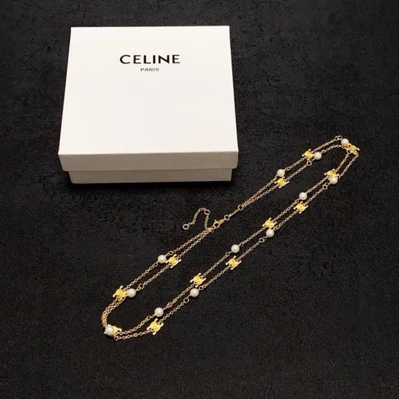 Celine Triomphe Pearl Station Double Chain necklace gold-tone metal with white pearl accents 40cm with 5cm extender