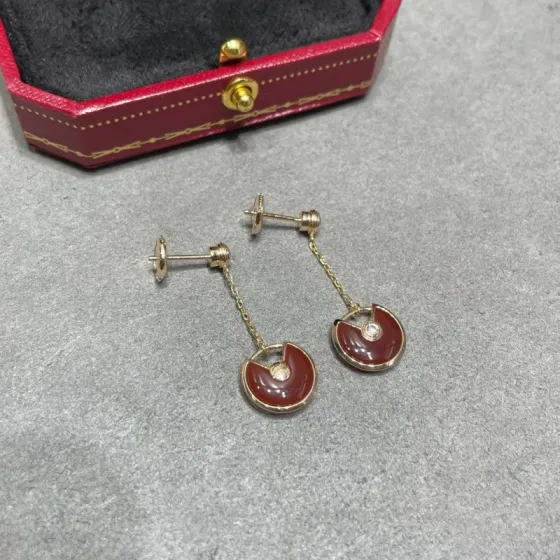 Cartier Amulette de Cartier earrings rose gold metal with red carnelian and clear diamond accents total drop length 2 5cm