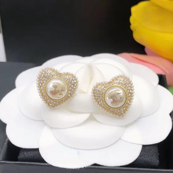 Chanel CC Heart Pearl Crystal Stud Earrings earrings Gold-tone metal white faux pearl clear crystal white mini pearl trim 1 5cm diameter per earring