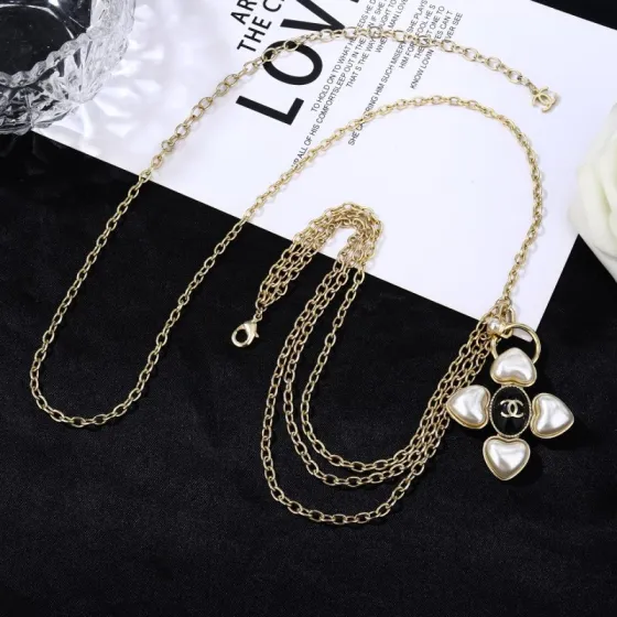 Chanel Goose series heart cross CC pendant necklace gold-tone metal white faux pearl black enamel 80cm