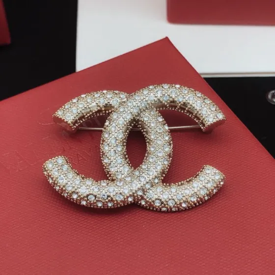 Chanel CC Logo Crystal Brooch brooch light gold metal with clear crystal stones 3 5cm width