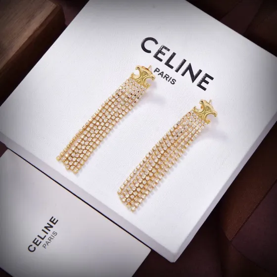 Celine PRECIOUS Triomphe Crystal Fringe Earrings earrings 18k gold-tone metal with clear crystal accents 6cm length