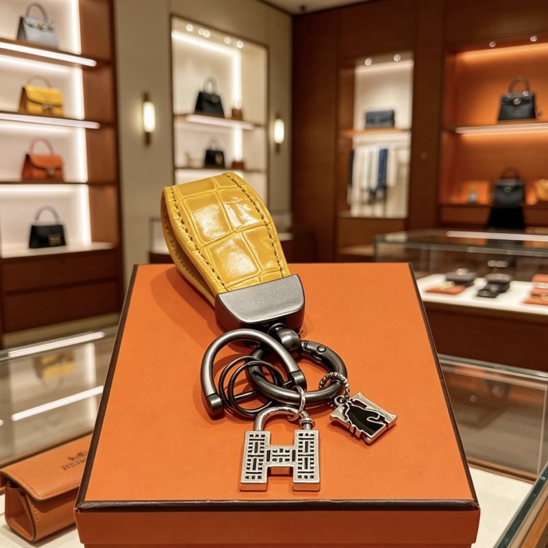 Hermes H Padlock Crocodile Key Charm pendant Gunmetal silver-tone metal yellow alligator leather black enamel 10cm total length