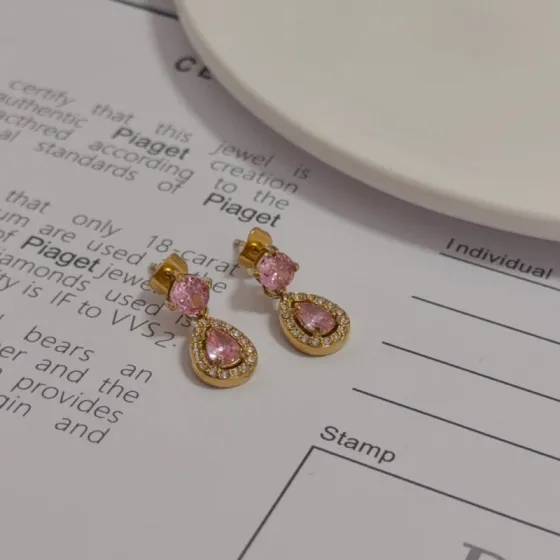 Piaget Treasures earrings 18k yellow gold pink sapphire white diamond 1 2cm drop length