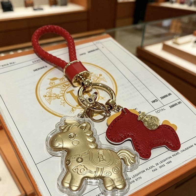 Hermes Lucky Horse Charm pendant Red leather gold-tone metal clear protective casing 10cm total length