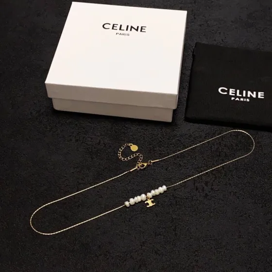 Celine Triomphe Pearl Charm necklace gold-tone metal white freshwater pearl 40cm with 5cm extender