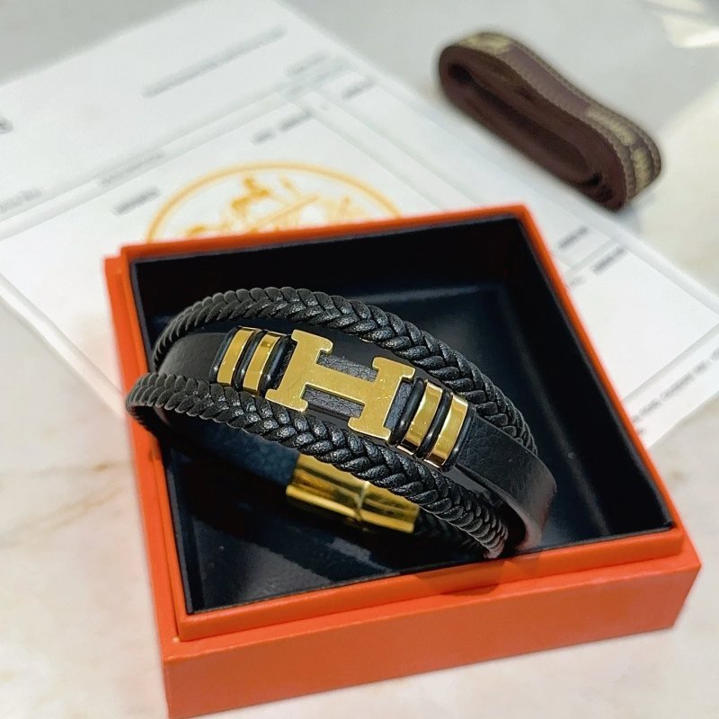 Hermes New Anger Forest H Logo bracelet black braided leather gold-tone metal hardware 19cm