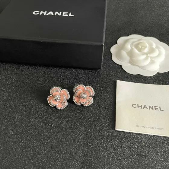 Chanel Camellia earrings silver-toned metal light pink enamel clear crystal accents 1 5cm diameter