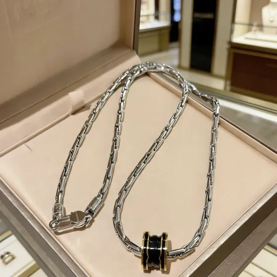 Bvlgari B zero1 necklace silver-toned stainless steel yellow gold accents black ceramic 60cm