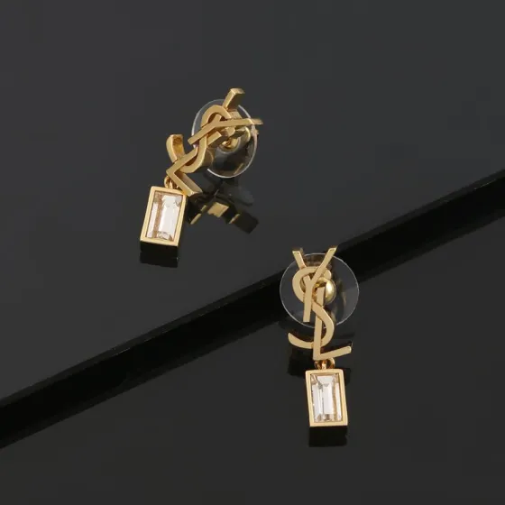Saint Laurent Cassandre YSL Monogram Baguette Crystal Drop Earrings earrings Gold-tone metal with clear baguette-cut crystals also available in silver-tone metal with clear baguette-cut crystals 2 2cm drop length