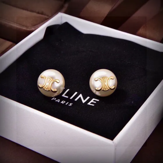 Celine Triomphe Pearl Stud Earrings earrings gold-tone metal cream white pearl 12mm diameter