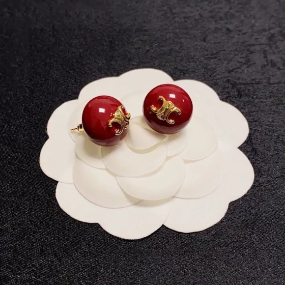 Celine Triomphe earrings gold-tone metal deep red resin 1 5cm diameter