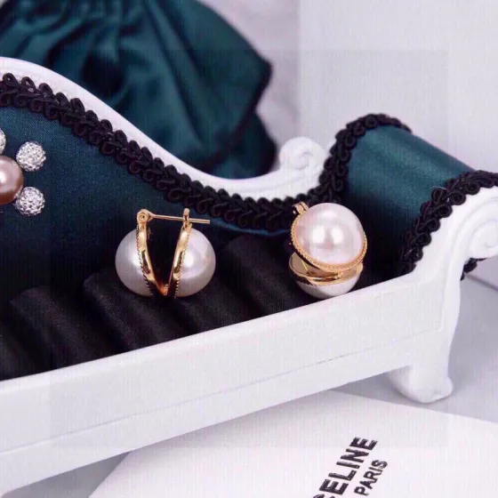 Celine Pearl Dome Huggie Hoop Earrings earrings gold-tone metal with white pearl 1 5cm diameter