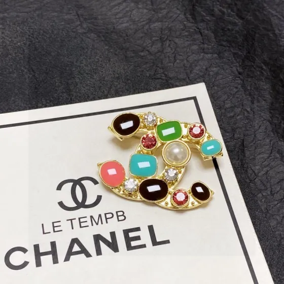 Chanel CC Logo Multicolor Gripoix Brooch brooch Gold-tone metal with multicolor resin stones black green turquoise coral pink ruby red clear crystals and white faux pearl 3 5cm width