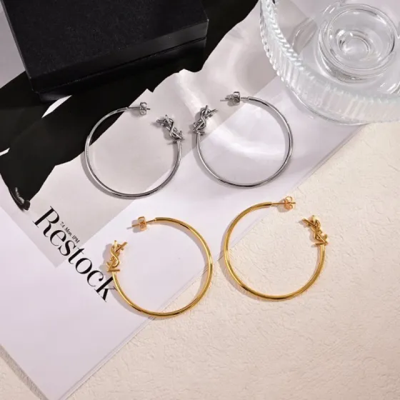 Saint Laurent Cassandre YSL Monogram Hoop earrings Gold-tone metal Silver-tone metal 4 5cm diameter